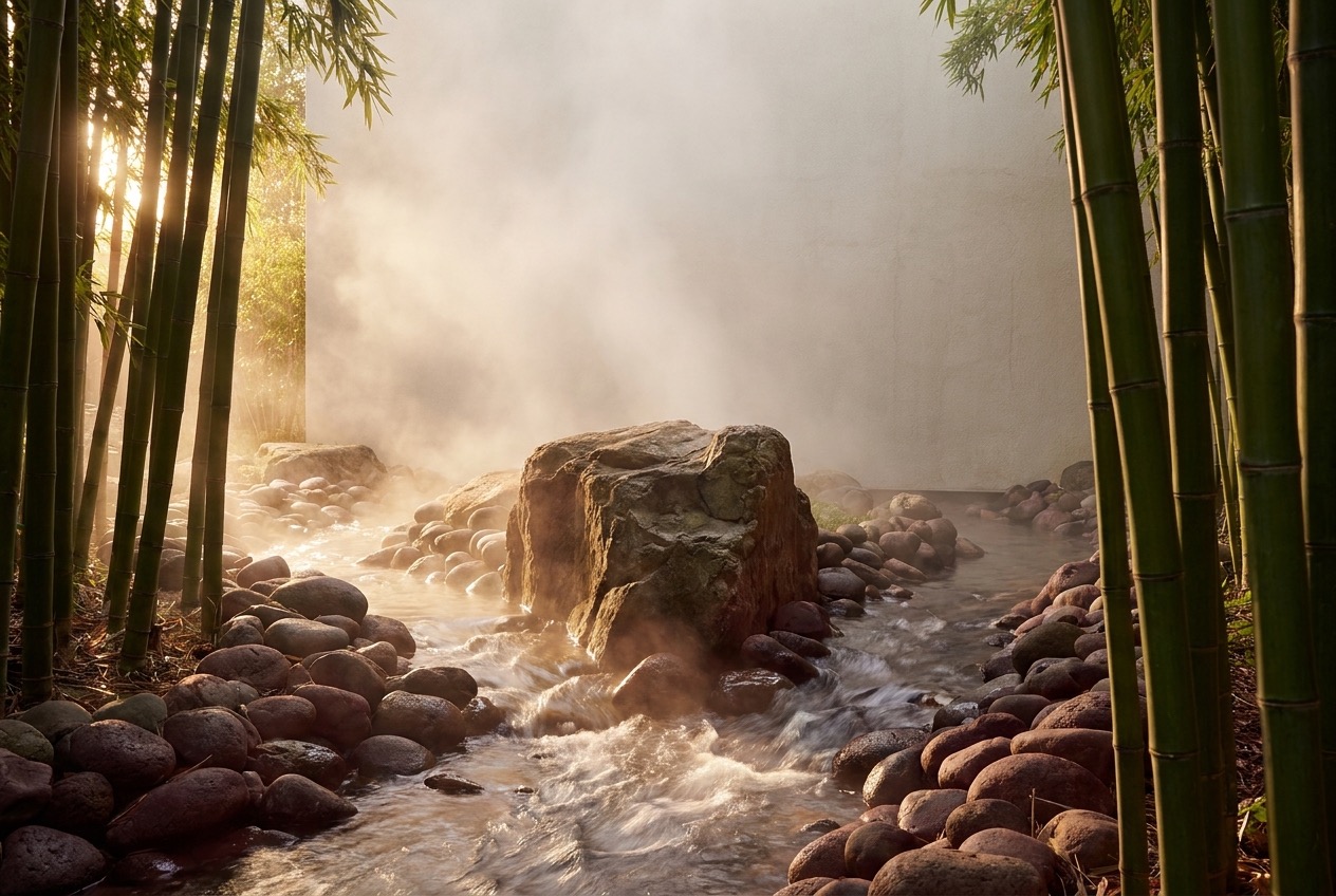 A stream flowing over rocks and dividing into two channels