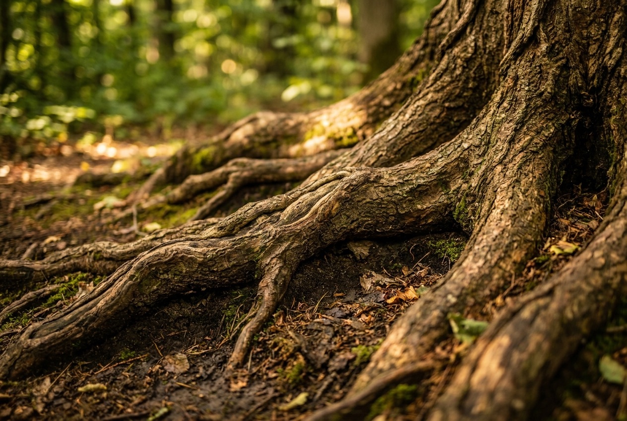 Close-up of a tree's root system in soil